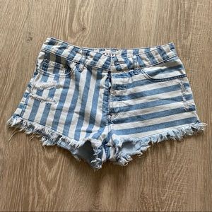 ROXY White & Blue Denim Striped Distressed Shorts Size 27